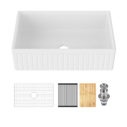 DeerValley 33" L x 20" W Farmhouse Workstation Kitchen Sink, Reversible Fireclay Deep Single Bowl Apron Front Kitchen Sink, White Undermount Farm Sink with Ledge and Accessories, DV-1K0263