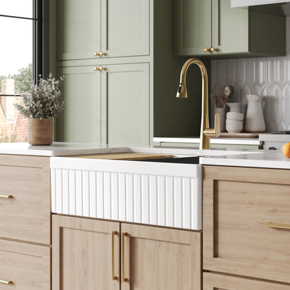 DeerValley 33" L x 20" W Farmhouse Workstation Kitchen Sink, Reversible Fireclay Deep Single Bowl Apron Front Kitchen Sink, White Undermount Farm Sink with Ledge and Accessories, DV-1K0263