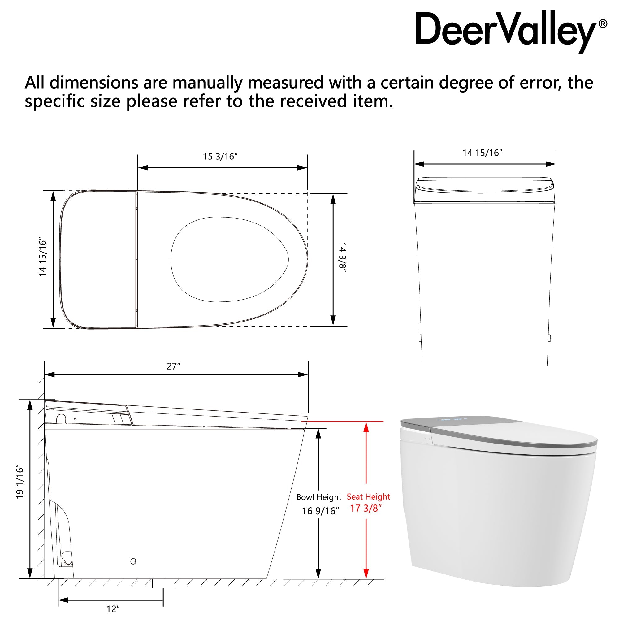DeerValley DV-1S0336 Advanced Tankless Elongated Smart Toilet with Programmable Spa Cleaning, Foam Shield, ADA Comfort Height, Heated Seat, Warm Dryer, and Zero Water Pressure Flush – Touchless Luxury Bidet Toilet for Modern Families
