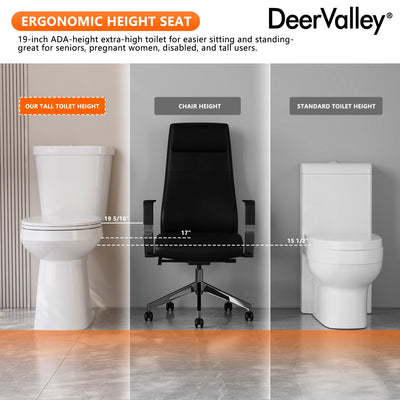 DeerValley DV-2F0356/DV-2F0537 19-Inch Extra Tall Toilet for Seniors, White Two-Piece Toilet for Bathrooms with Comfort Seat, ADA Comfort Height, Elongated Bowl with Powerful 1.28 GPF Single Flush