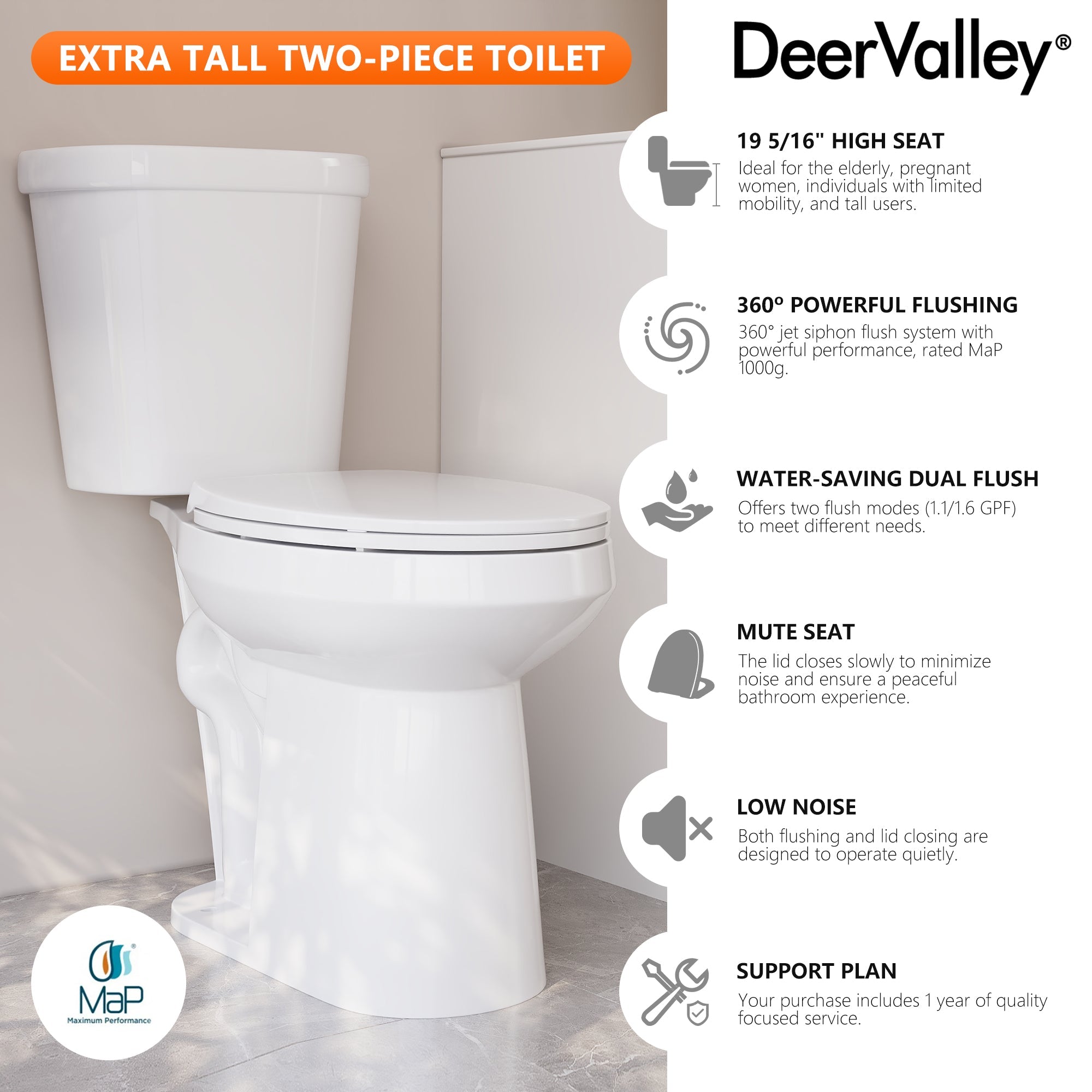 DeerValley 19-Inch Extra Tall Toilet for Seniors, White Two-Piece Toilet for Bathrooms with Comfort Seat, ADA Comfort Height, Elongated Bowl with Powerful 1.28 GPF Single Flush