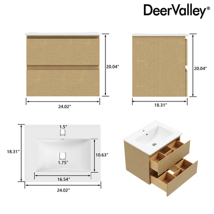 24" Floating Bathroom Vanity, with Pre-drilled Holes, Soft Closing Drawers, Natural Wood Color