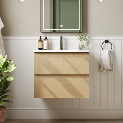 24" Floating Bathroom Vanity, with Pre-drilled Holes, Soft Closing Drawers, Natural Wood Color