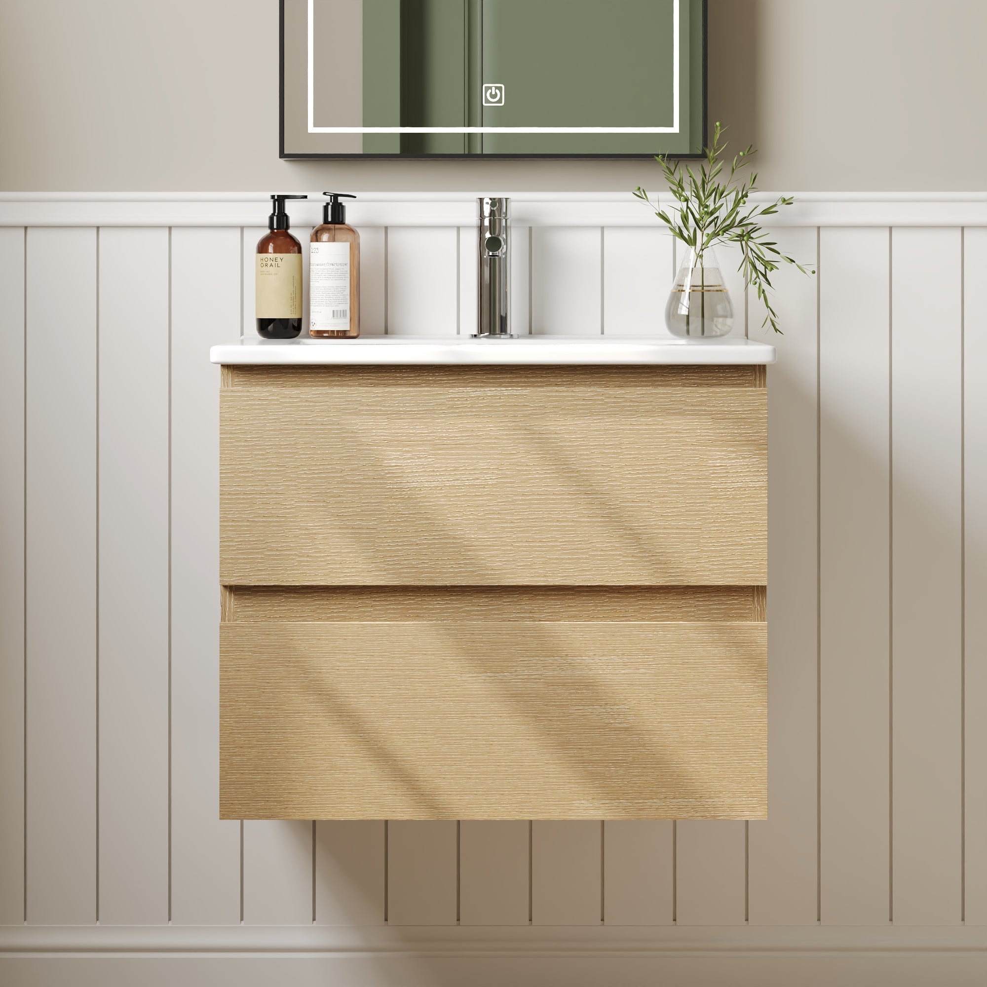 24" Floating Bathroom Vanity, with Pre-drilled Holes, Soft Closing Drawers, Natural Wood Color