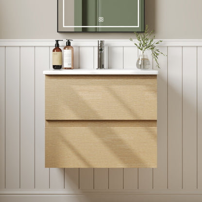 24" Floating Bathroom Vanity, with Pre-drilled Holes, Soft Closing Drawers, Natural Wood Color