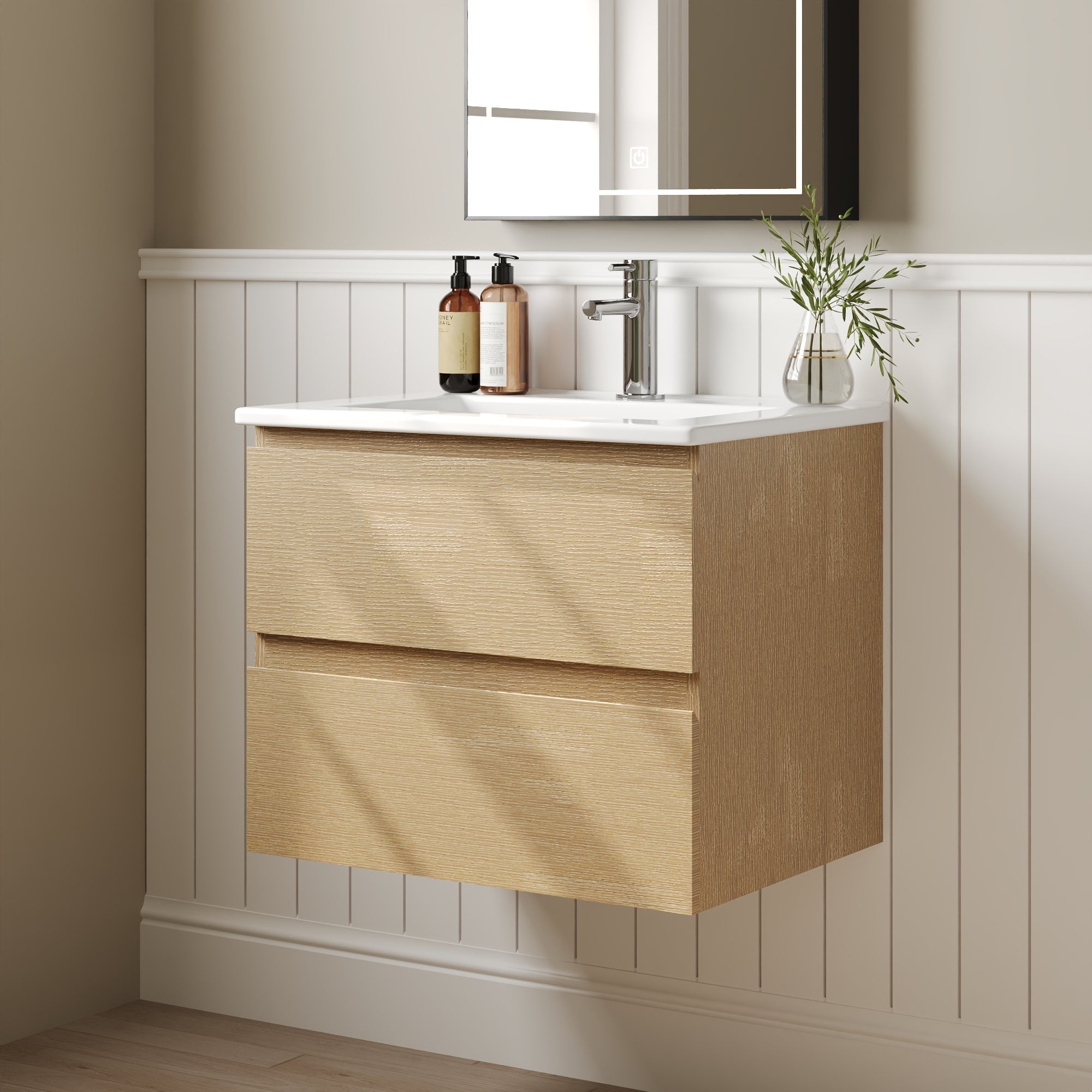 24" Floating Bathroom Vanity, with Pre-drilled Holes, Soft Closing Drawers, Natural Wood Color
