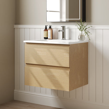 24" Floating Bathroom Vanity, with Pre-drilled Holes, Soft Closing Drawers, Natural Wood Color