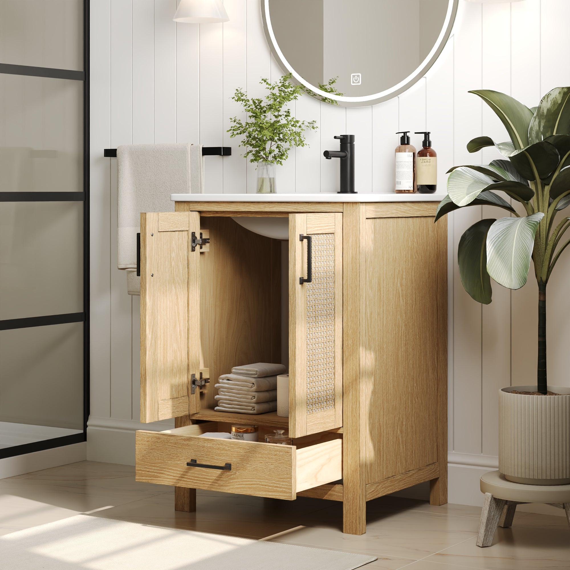 24" Pre-assembled Bathroom Vanity, Soft-close Vanity for Bathroom with Holes, Natural Wood Color