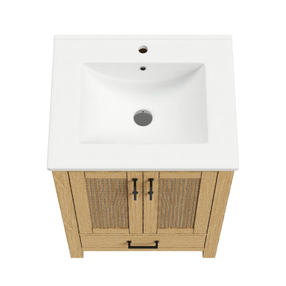 24" Pre-assembled Bathroom Vanity, Soft-close Vanity for Bathroom with Holes, Natural Wood Color