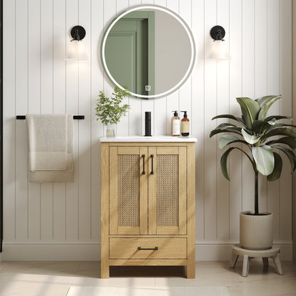24" Pre-assembled Bathroom Vanity, Soft-close Vanity for Bathroom with Holes, Natural Wood Color