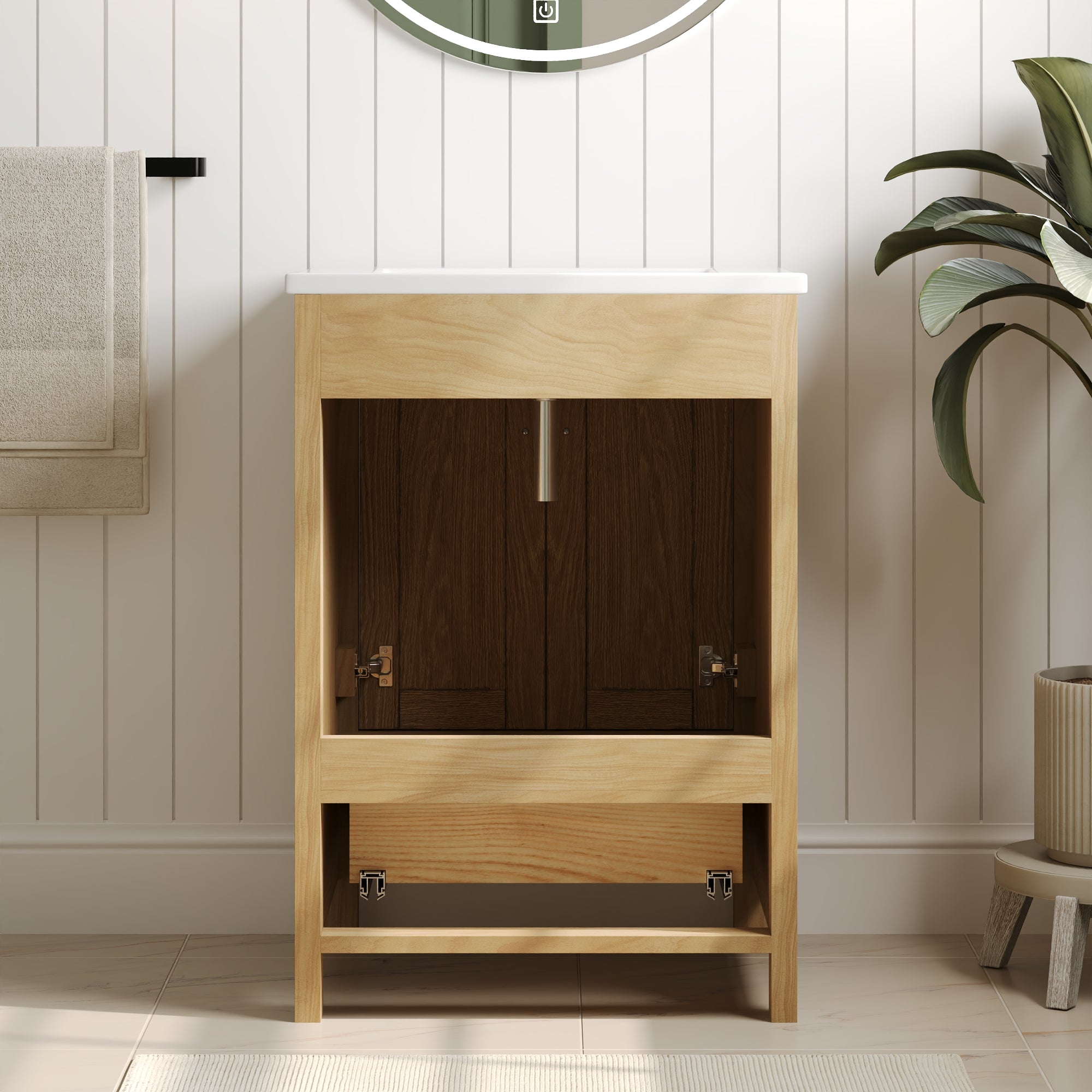 24" Pre-assembled Bathroom Vanity, Soft-close Vanity for Bathroom with Holes, Natural Wood Color