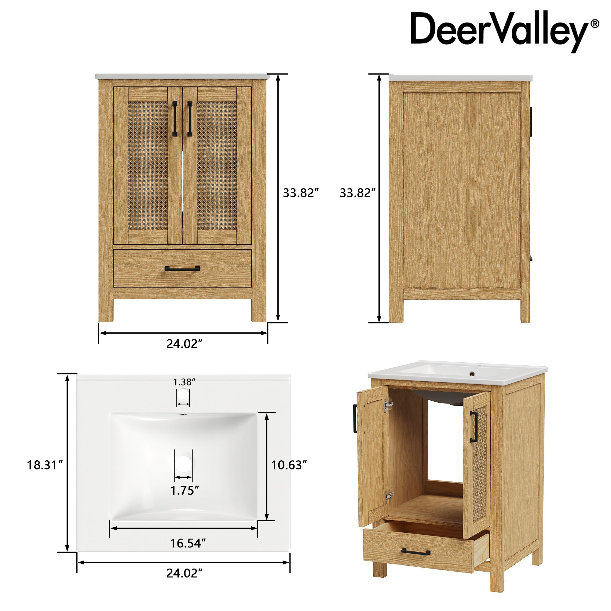24" Pre-assembled Bathroom Vanity, Soft-close Vanity for Bathroom with Holes, Natural Wood Color