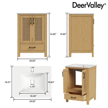 24" Pre-assembled Bathroom Vanity, Soft-close Vanity for Bathroom with Holes, Natural Wood Color