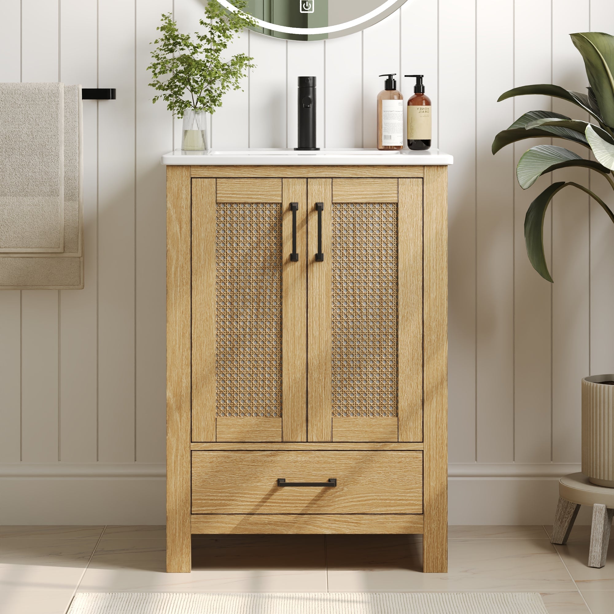 24" Pre-assembled Bathroom Vanity, Soft-close Vanity for Bathroom with Holes, Natural Wood Color