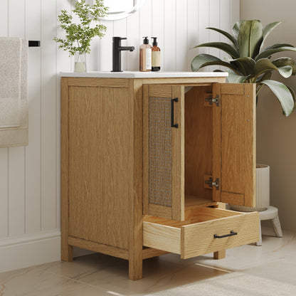 24" Pre-assembled Bathroom Vanity, Soft-close Vanity for Bathroom with Holes, Natural Wood Color