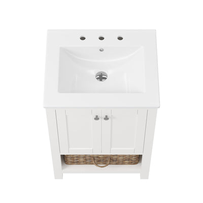 24" Pre-assembled Bathroom Vanity with Sink and Woven Storage Basket, 24 Inch White Vanity for Bathroom with Pre-drilled Holes, White.