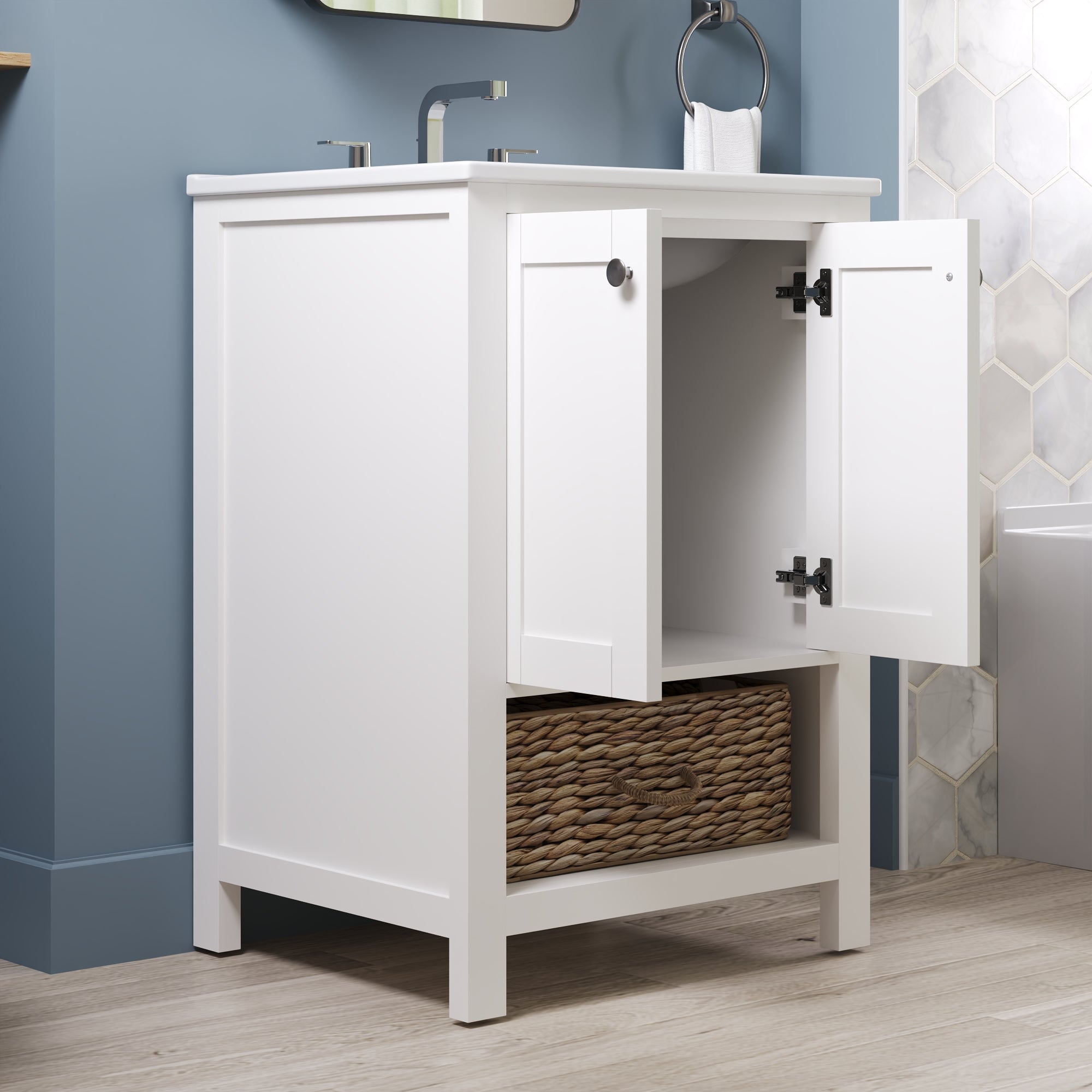 24" Pre-assembled Bathroom Vanity with Sink and Woven Storage Basket, 24 Inch White Vanity for Bathroom with Pre-drilled Holes, White.