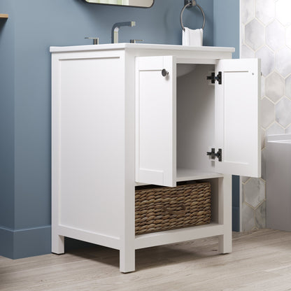 24" Pre-assembled Bathroom Vanity with Sink and Woven Storage Basket, 24 Inch White Vanity for Bathroom with Pre-drilled Holes, White.