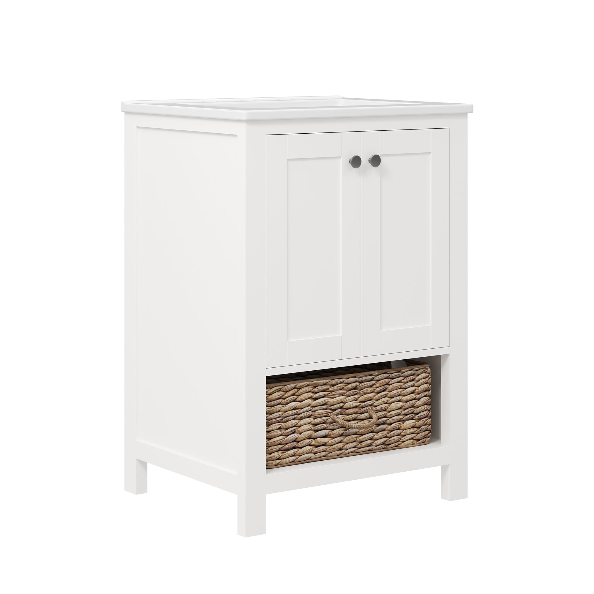 24" Pre-assembled Bathroom Vanity with Sink and Woven Storage Basket, 24 Inch White Vanity for Bathroom with Pre-drilled Holes, White.