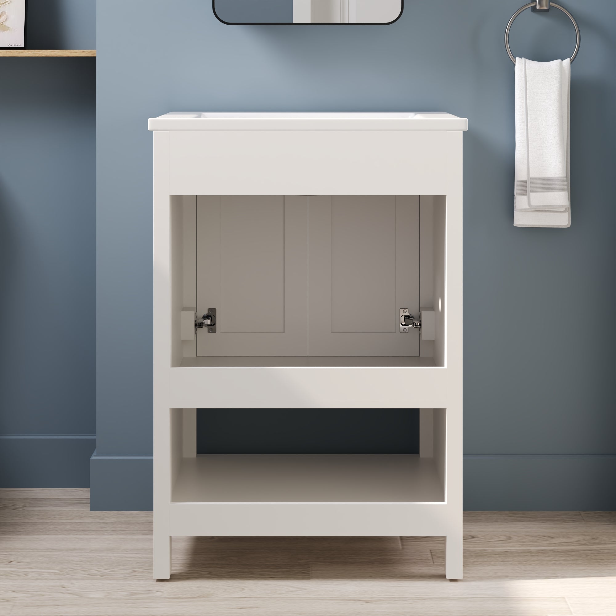 24" Pre-assembled Bathroom Vanity with Sink and Woven Storage Basket, 24 Inch White Vanity for Bathroom with Pre-drilled Holes, White.