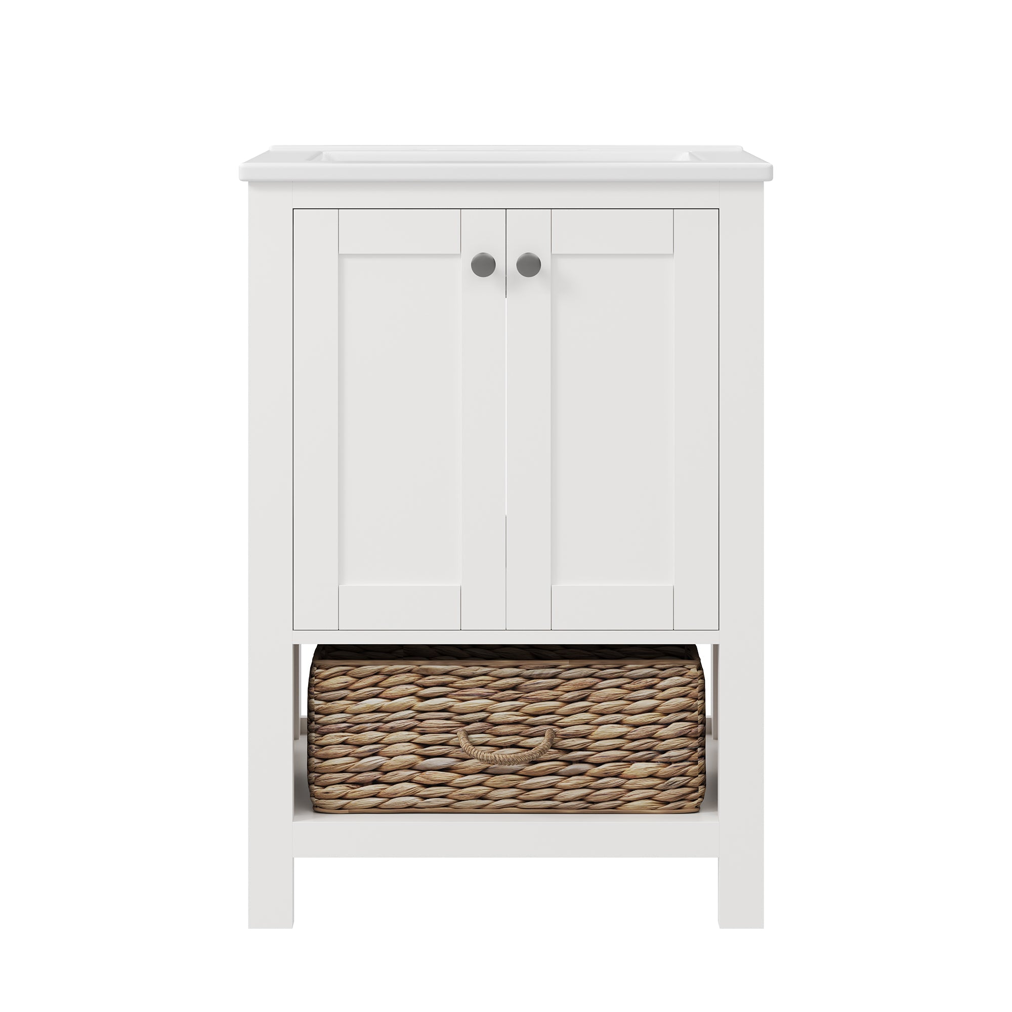 24" Pre-assembled Bathroom Vanity with Sink and Woven Storage Basket, 24 Inch White Vanity for Bathroom with Pre-drilled Holes, White.