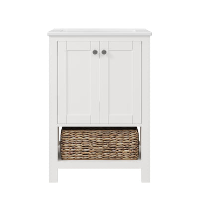 24" Pre-assembled Bathroom Vanity with Sink and Woven Storage Basket, 24 Inch White Vanity for Bathroom with Pre-drilled Holes, White.