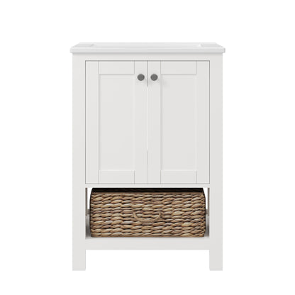 24" Pre-assembled Bathroom Vanity with Sink and Woven Storage Basket, 24 Inch White Vanity for Bathroom with Pre-drilled Holes, White.