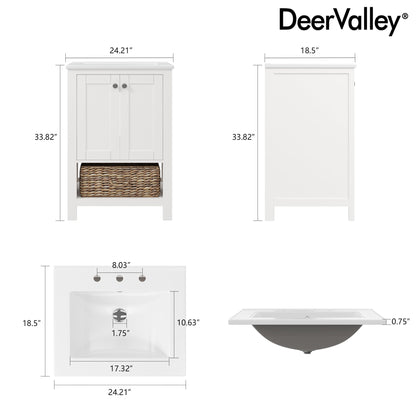 24" Pre-assembled Bathroom Vanity with Sink and Woven Storage Basket, 24 Inch White Vanity for Bathroom with Pre-drilled Holes, White.