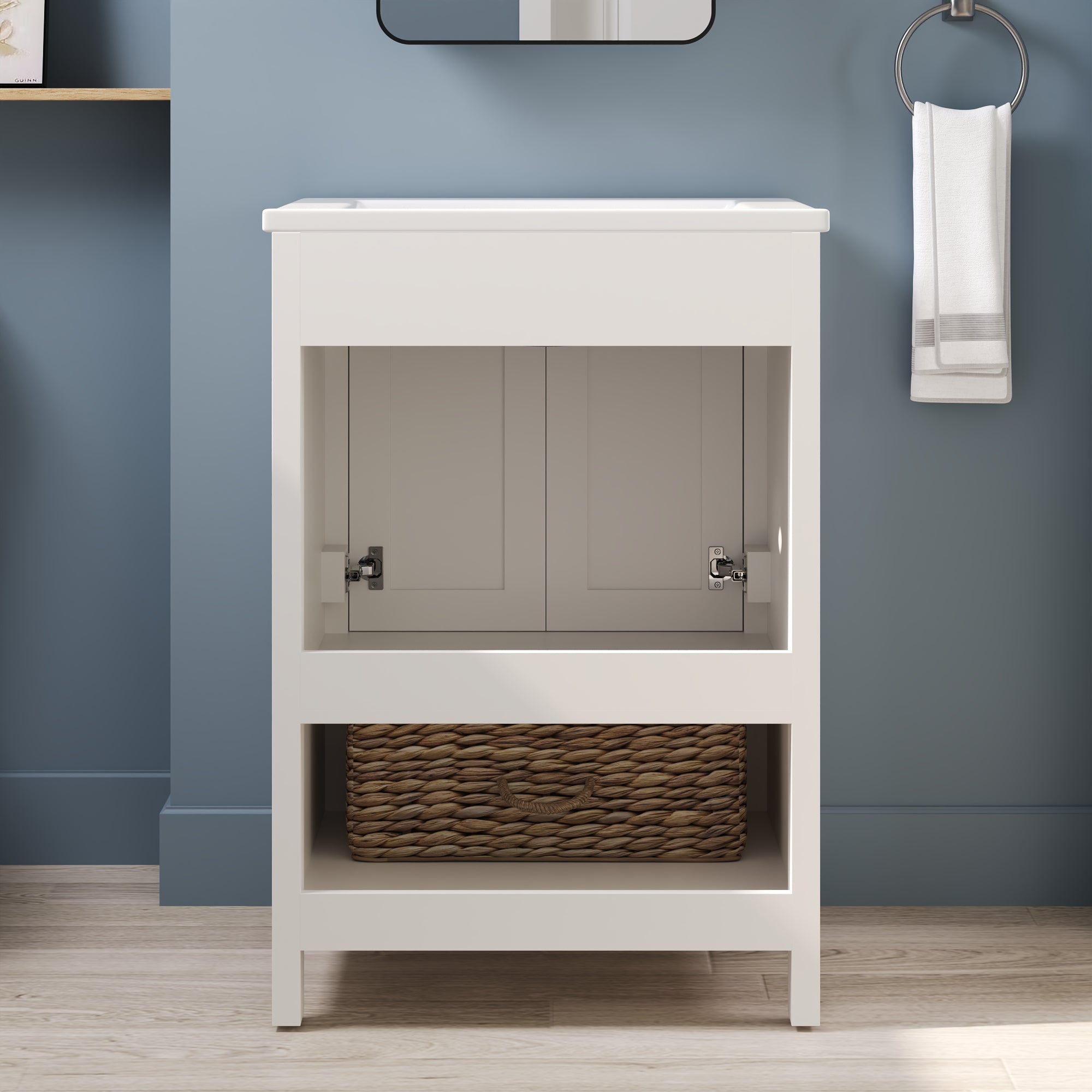 24" Pre-assembled Bathroom Vanity with Sink and Woven Storage Basket, 24 Inch White Vanity for Bathroom with Pre-drilled Holes, White.