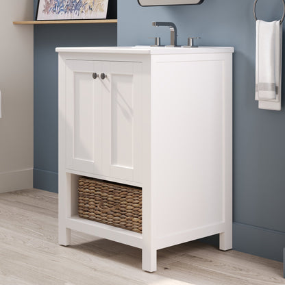 24" Pre-assembled Bathroom Vanity with Sink and Woven Storage Basket, 24 Inch White Vanity for Bathroom with Pre-drilled Holes, White.