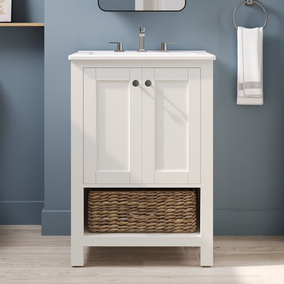 24" Pre-assembled Bathroom Vanity with Sink and Woven Storage Basket, 24 Inch White Vanity for Bathroom with Pre-drilled Holes, White.