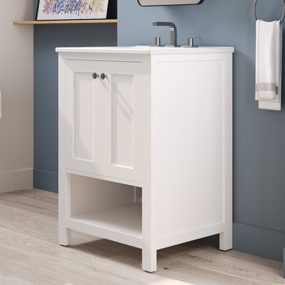 24" Pre-assembled Bathroom Vanity with Sink and Woven Storage Basket, 24 Inch White Vanity for Bathroom with Pre-drilled Holes, White.