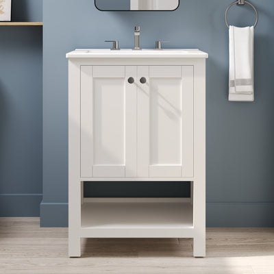 24" Pre-assembled Bathroom Vanity with Sink and Woven Storage Basket, 24 Inch White Vanity for Bathroom with Pre-drilled Holes, White.