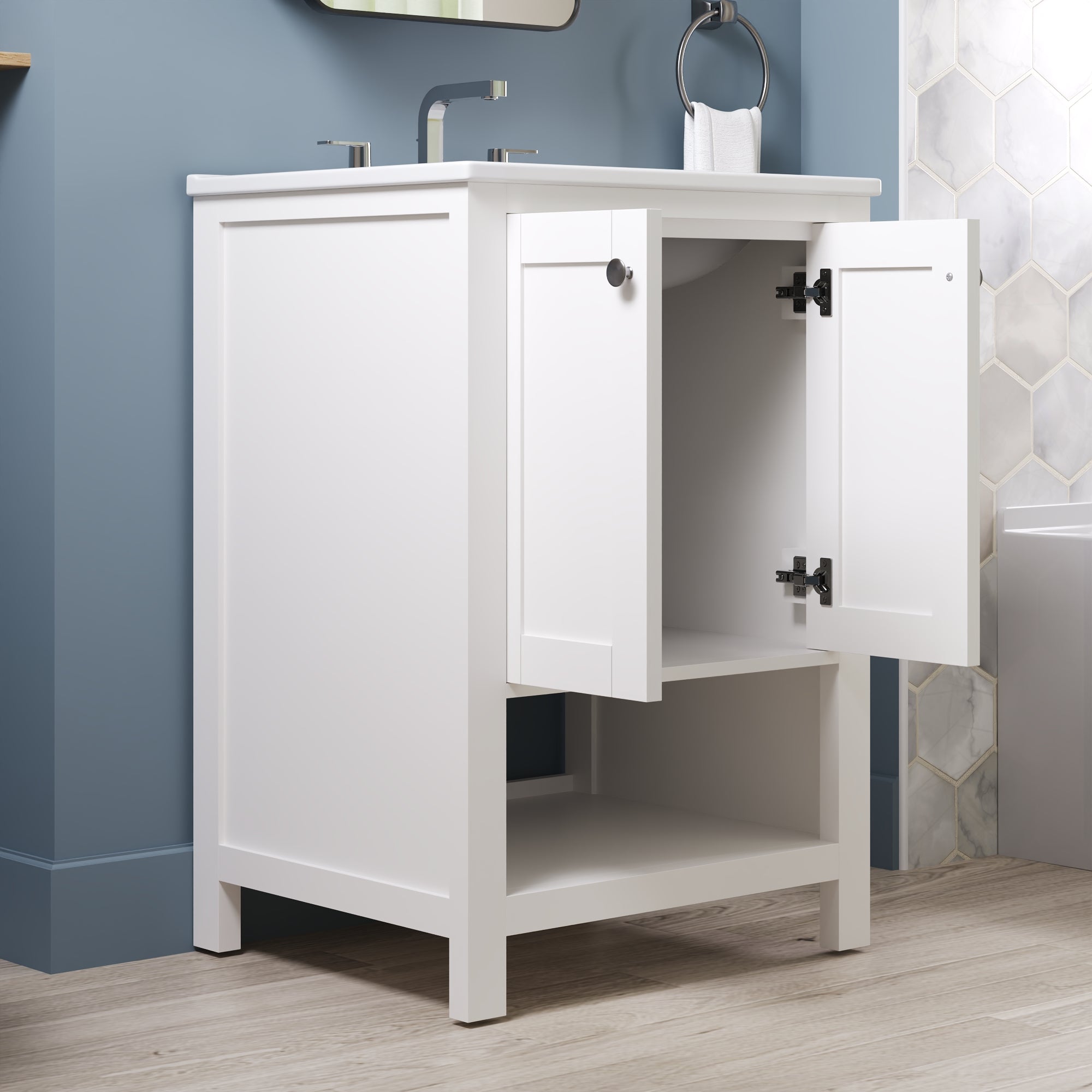 24" Pre-assembled Bathroom Vanity with Sink and Woven Storage Basket, 24 Inch White Vanity for Bathroom with Pre-drilled Holes, White.