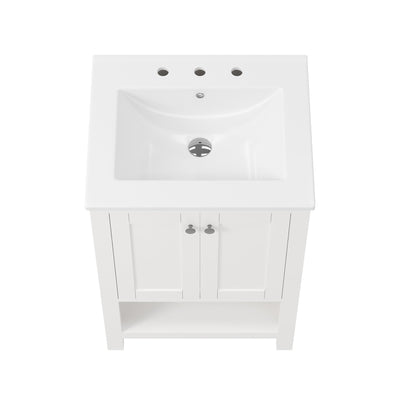 24" Pre-assembled Bathroom Vanity with Sink and Woven Storage Basket, 24 Inch White Vanity for Bathroom with Pre-drilled Holes, White.