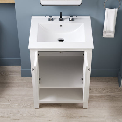 24" Pre-assembled Bathroom Vanity with Sink and Woven Storage Basket, 24 Inch White Vanity for Bathroom with Pre-drilled Holes, White.