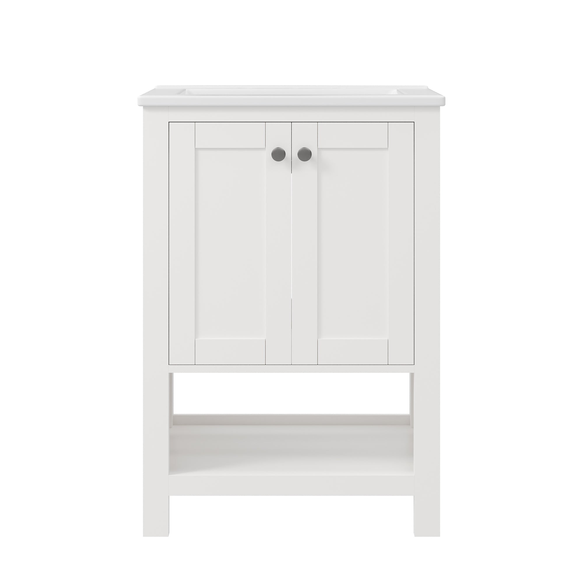 24" Pre-assembled Bathroom Vanity with Sink and Woven Storage Basket, 24 Inch White Vanity for Bathroom with Pre-drilled Holes, White.