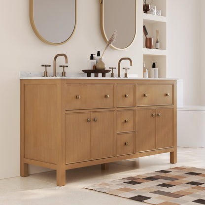 60" Pre-assembled Bathroom Vanity, with Soft Closing and Splash Guard, Natural Wood Color