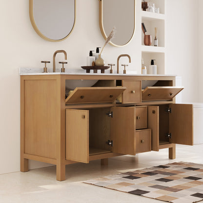 60" Pre-assembled Bathroom Vanity, with Soft Closing and Splash Guard, Natural Wood Color