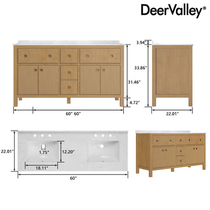 60" Pre-assembled Bathroom Vanity, with Soft Closing and Splash Guard, Natural Wood Color