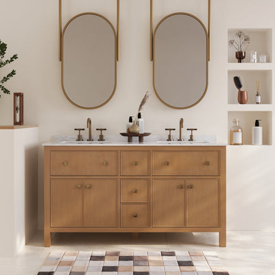 60" Pre-assembled Bathroom Vanity, with Soft Closing and Splash Guard, Natural Wood Color