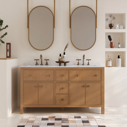 60" Pre-assembled Bathroom Vanity, with Soft Closing and Splash Guard, Natural Wood Color