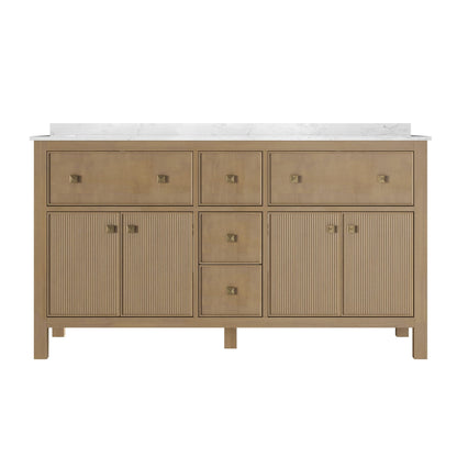 60" Pre-assembled Bathroom Vanity, with Soft Closing and Splash Guard, Natural Wood Color