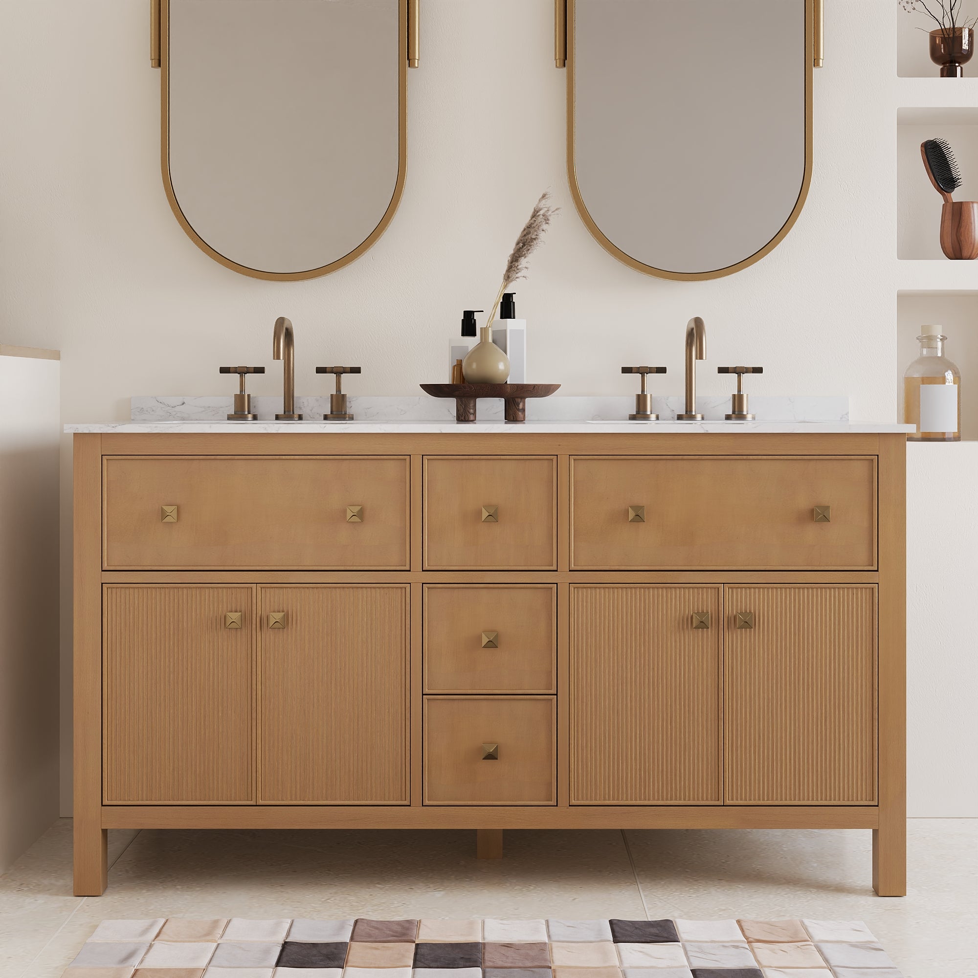 60" Pre-assembled Bathroom Vanity, with Soft Closing and Splash Guard, Natural Wood Color