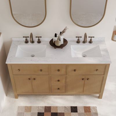 60" Pre-assembled Bathroom Vanity, with Soft Closing and Splash Guard, Natural Wood Color