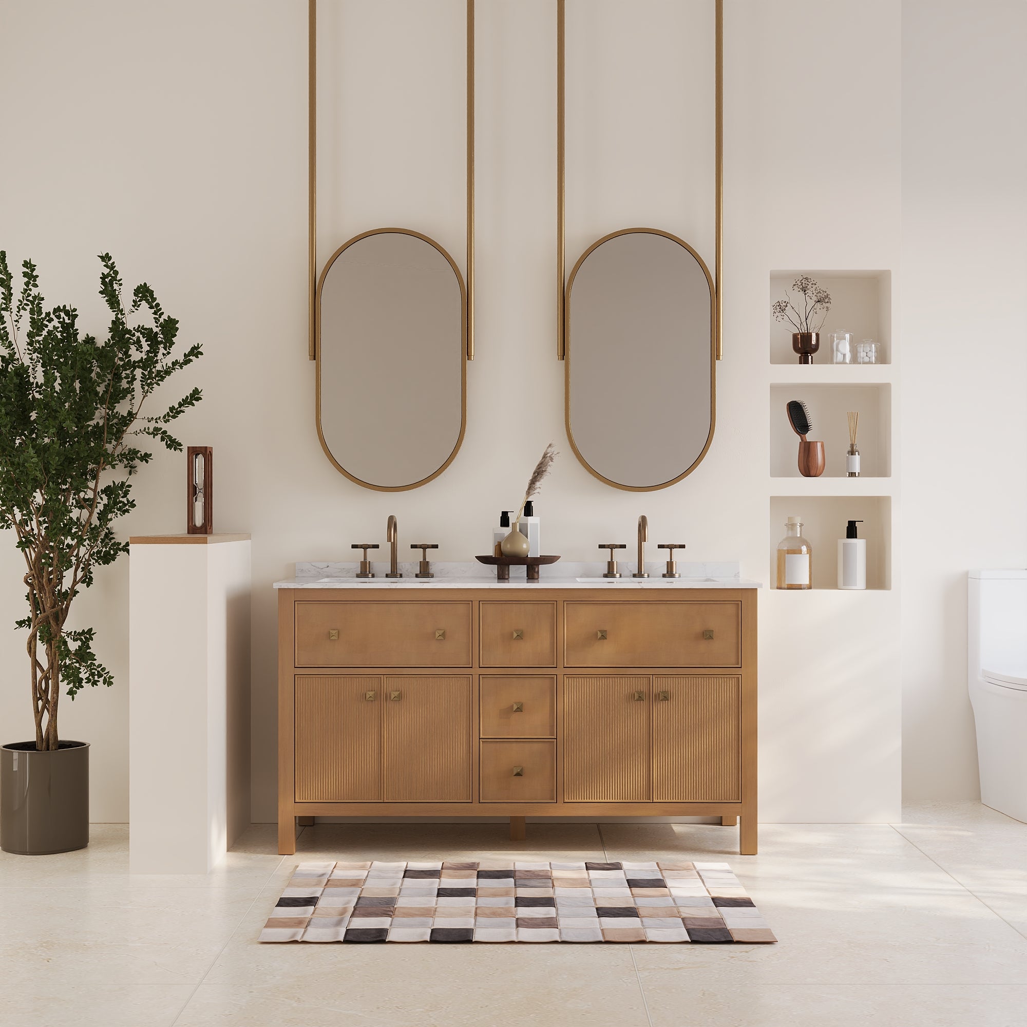 60" Pre-assembled Bathroom Vanity, with Soft Closing and Splash Guard, Natural Wood Color