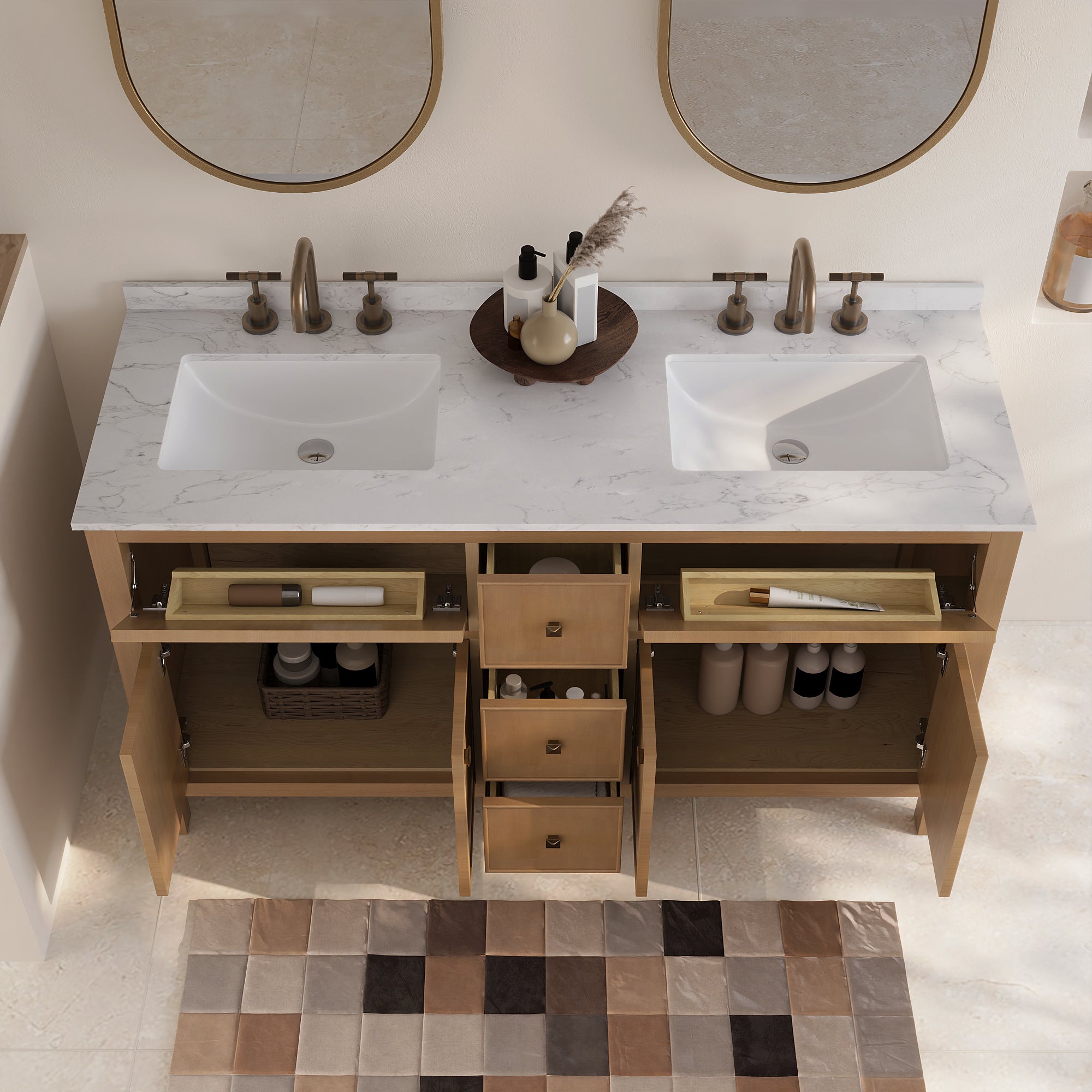 60" Pre-assembled Bathroom Vanity, with Soft Closing and Splash Guard, Natural Wood Color