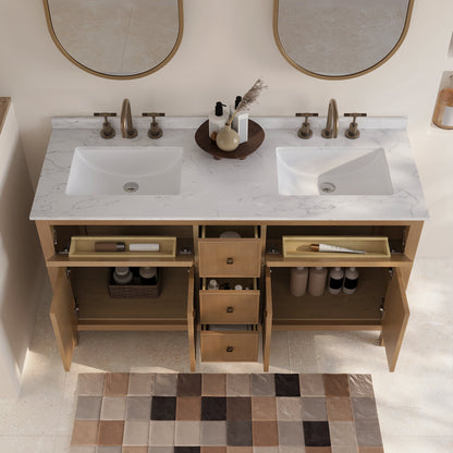 60" Pre-assembled Bathroom Vanity, with Soft Closing and Splash Guard, Natural Wood Color