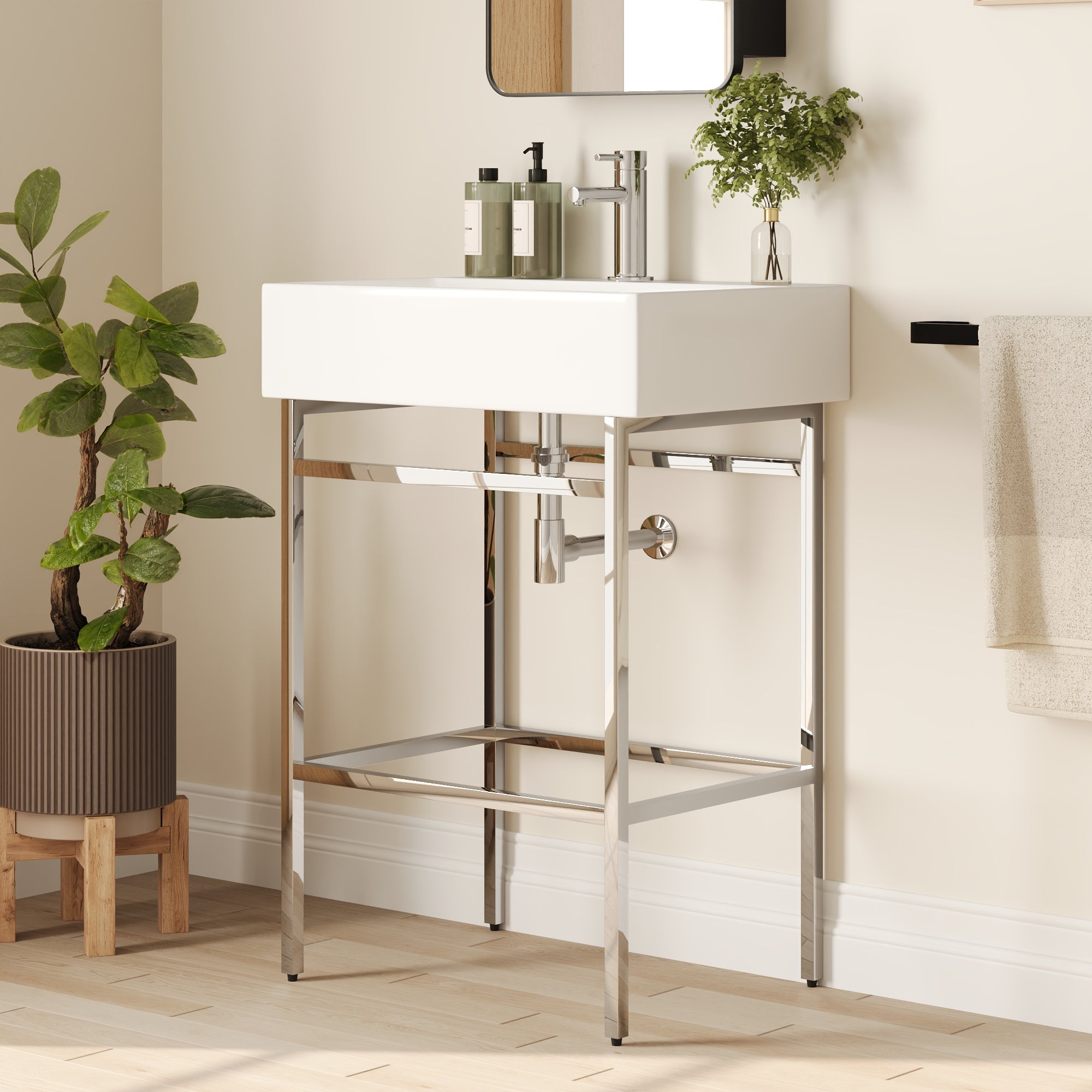 Bathroom Console Sink, 24" W x 17" D x 34" H Rectangular Bathroom Sink with Chrome/Gold/Black Legs Support Ceramic Sink with Overflow