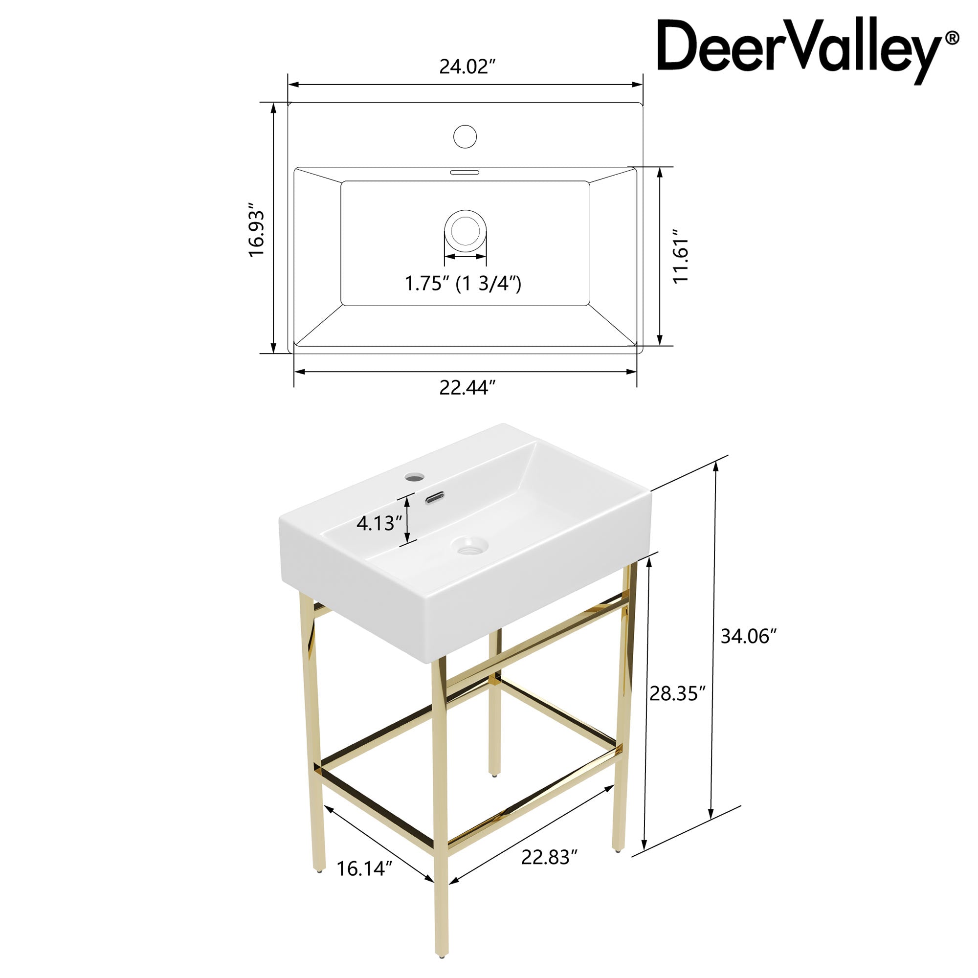 Bathroom Console Sink, 24" W x 17" D x 34" H Rectangular Bathroom Sink with Chrome/Gold/Black Legs Support Ceramic Sink with Overflow